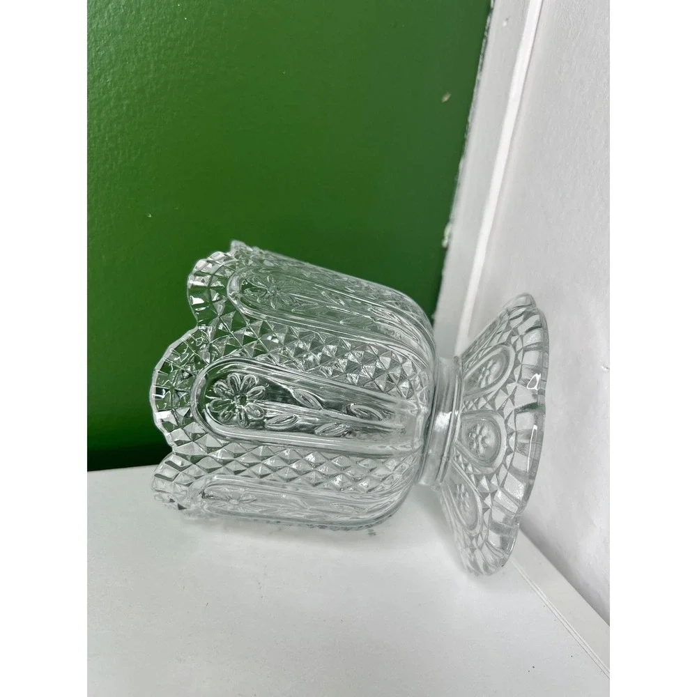Vintage Clear Pressed Glass Daisy and Button Scalloped Pedestal Bowl UV Glow